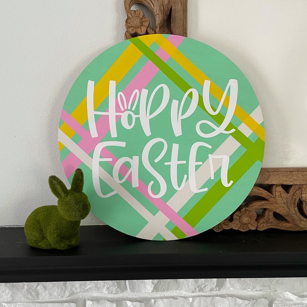 Hoppy Easter / Happy Easter Door Decor & Wall Sign | Easter Bunny Plaid Decor